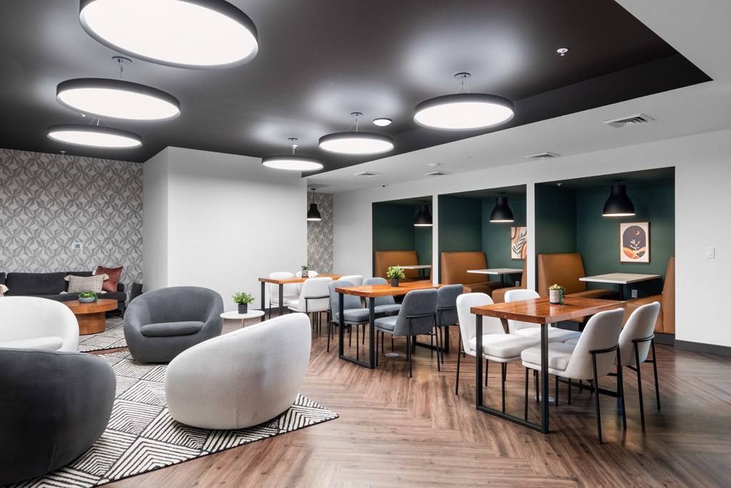 a large room with tables and chairs